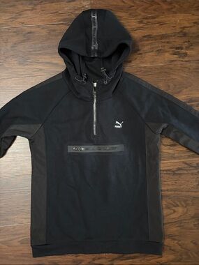Puma Black Hooded Half-Zip Pullover with Front Zip Pocket